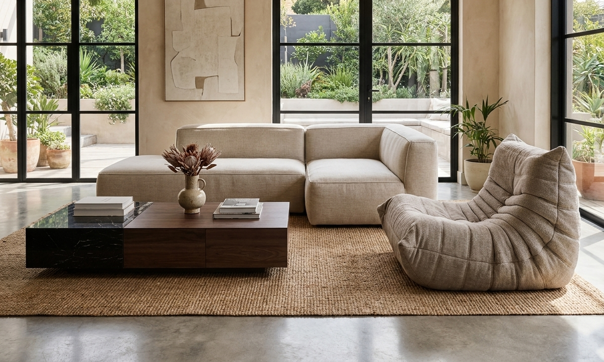 CloudHaus furniture in a warm, architectural living room